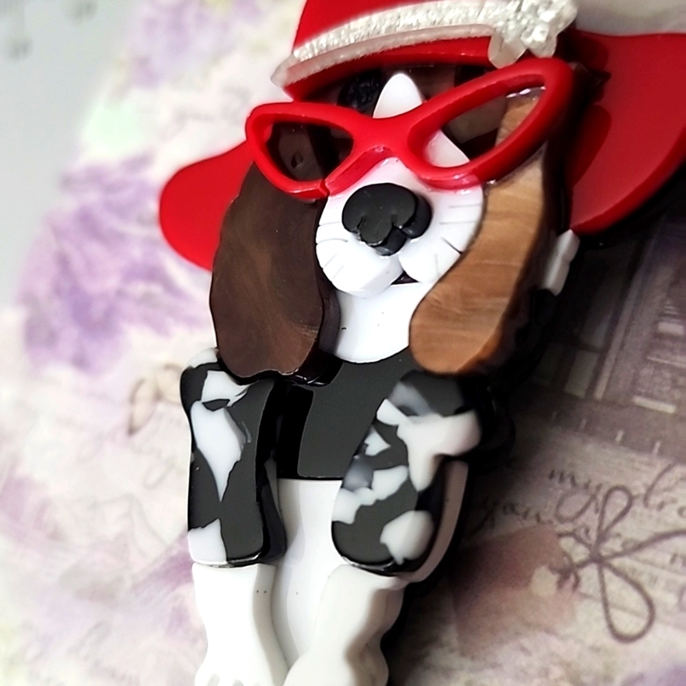 DIVA Black and Red DOG WITH Hat And GLASSES  Brooch - Picture 4 of 4